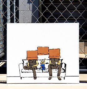 spray painting depicting a small family sitting on a couch, the parents on the outer edges in gray sweats with a young baby in blue in the center. the parents have cardboard boxes covering their heads, and in the center their child reaches up in anguish and mimicry for its own box wedged between the parents’.