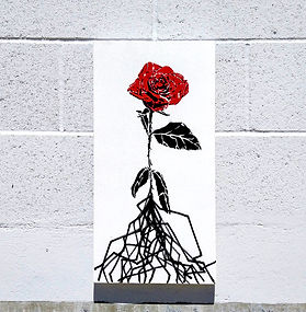 spray painting depicting a red rose in bloom. the rose is supported by abstract, jagged lines scrawling up from the bottom of the painting and conjoining into the stem.
