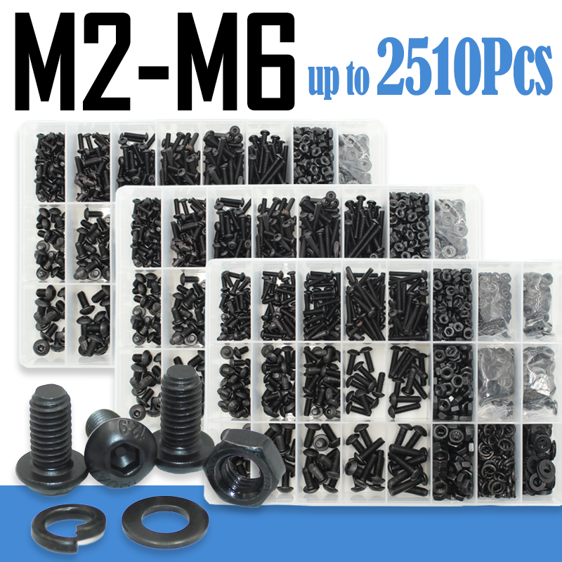 Thumbnail: 2510p Hex Hexagon Socket Button Head Screw Kit M2 M2.5 M3 M4 M5 M6 Black 10.9 G