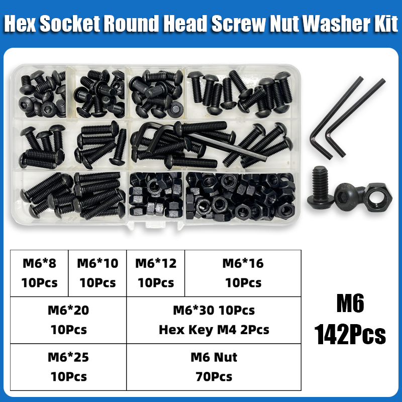 Thumbnail: 2510p Hex Hexagon Socket Button Head Screw Kit M2 M2.5 M3 M4 M5 M6 Black 10.9 G