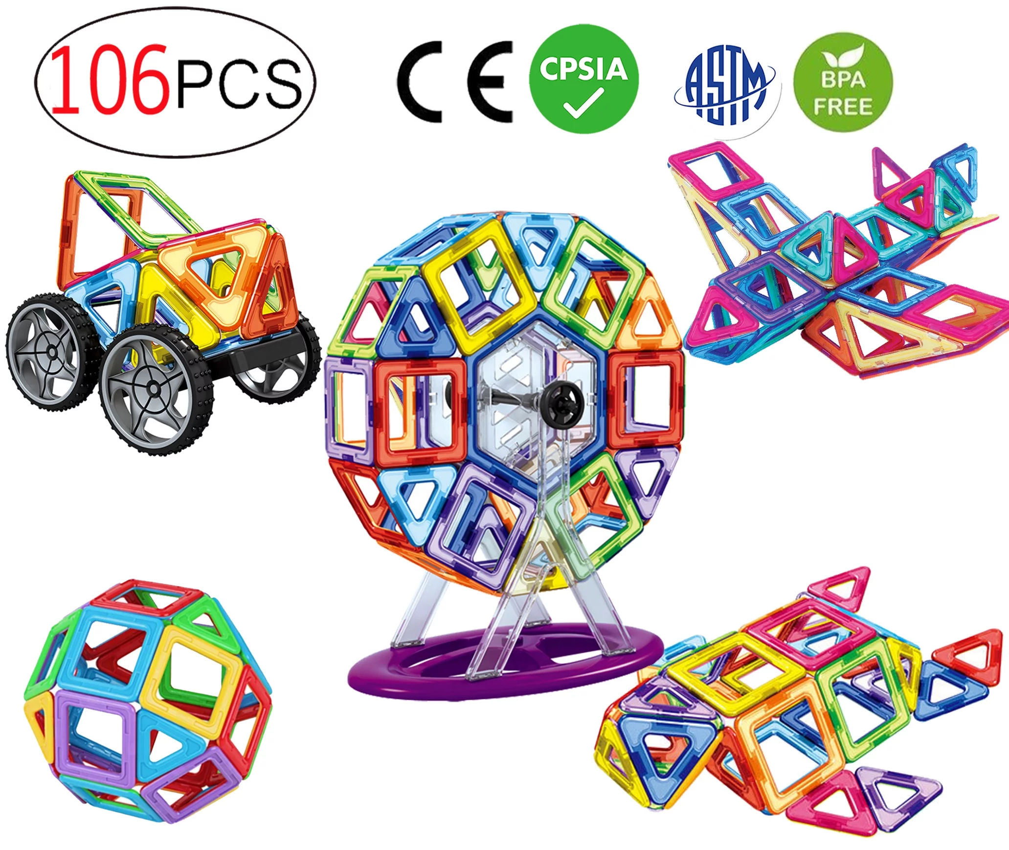 106 PCS Magnetic Tiles Set, STEM Building Block Preschool Educational Constructi