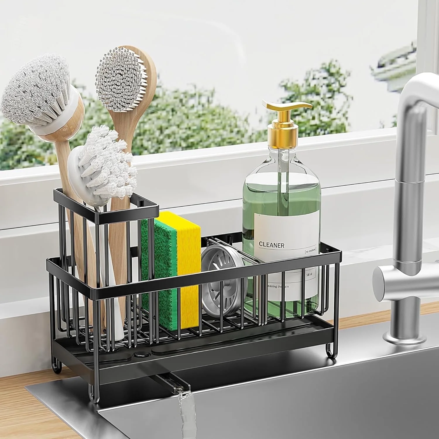 Rustproof Black Sponge Holder for Kitchen Sink with Brush and Soap Organizer