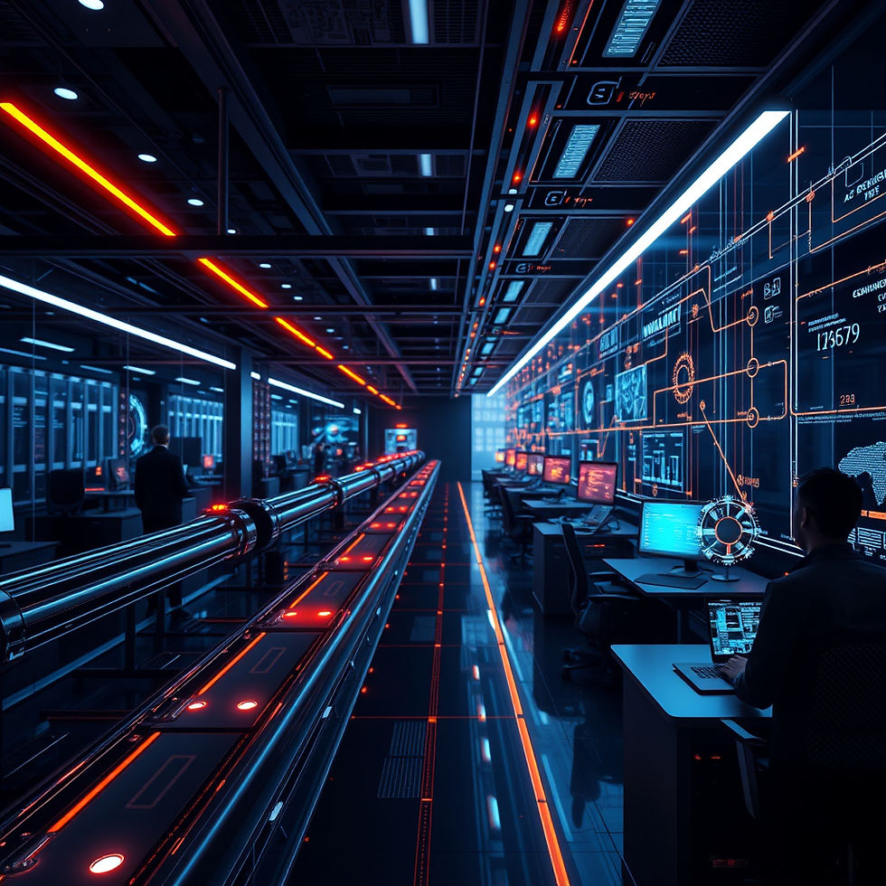 Modern AI-powered business workflow automation scene, digital pipelines, intelligent syste