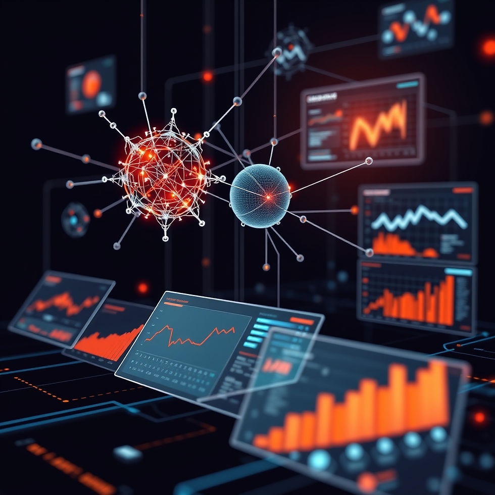Abstract visualization of artificial intelligence analyzing enterprise data, neural networ