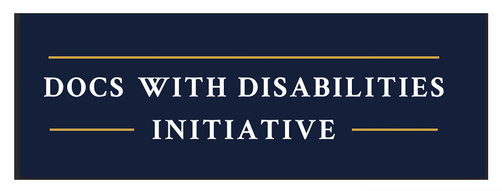 Alt Text: Blue background, in white letters "Docs With Disabilities Initiative" Yellow lines above and beside the words.