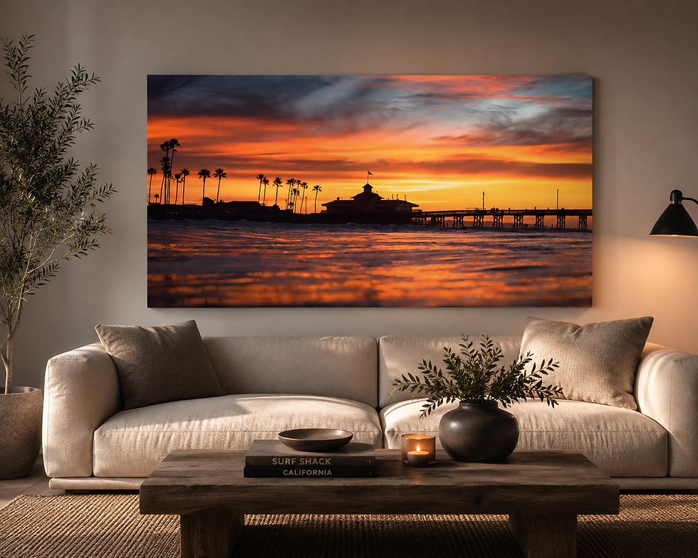 First Light Newport Beach sunrise photography displayed in a warm modern living room.