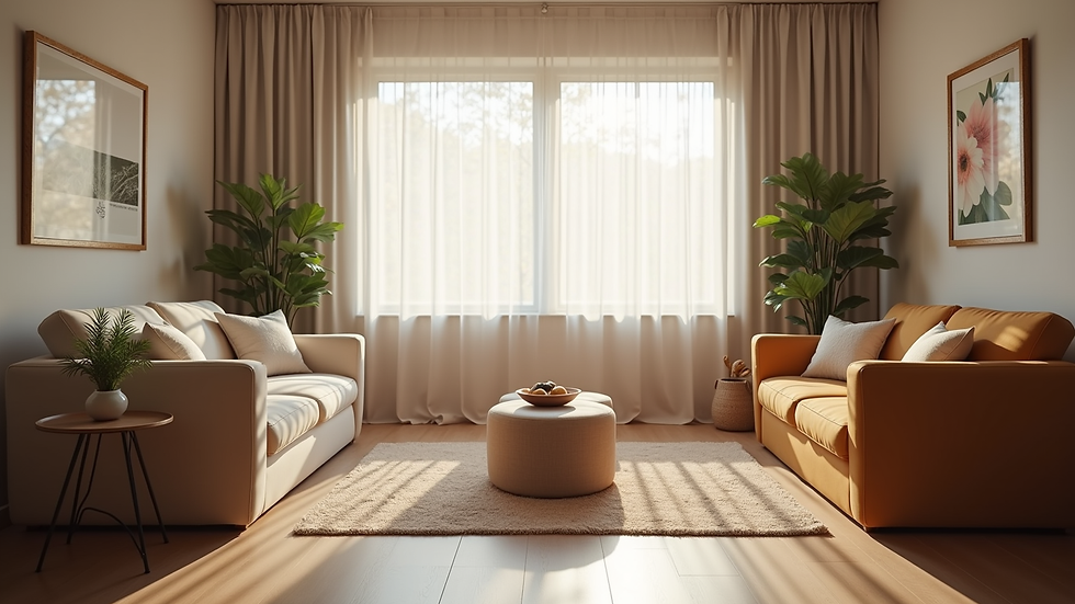 Eye-level view of a cozy therapy room with comfortable seating