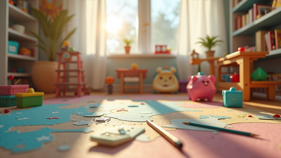 Eye-level view of a colorful playroom filled with toys and art supplies