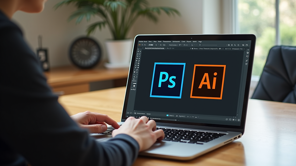 High angle view of a laptop displaying Adobe Photoshop and Illustrator side by side