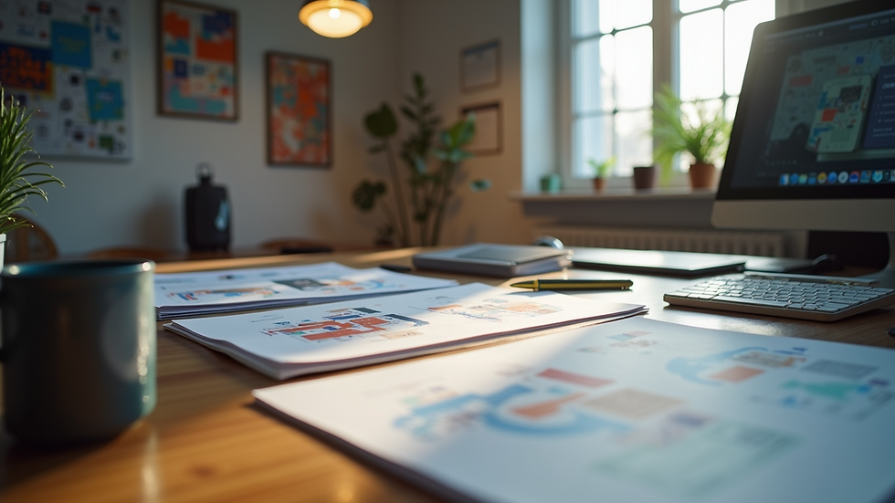 Eye-level view of a well-organized graphic design workspace