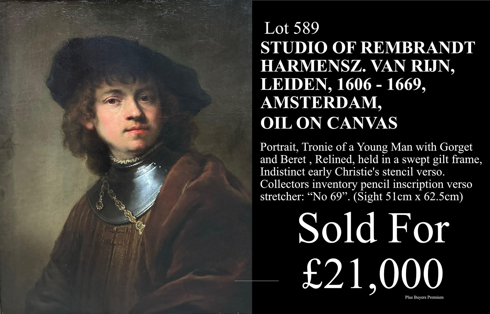 studio of Rembrandt harmensz van rijn leiden 1606-1669 amsterdam oil on canvas sold for £21,000