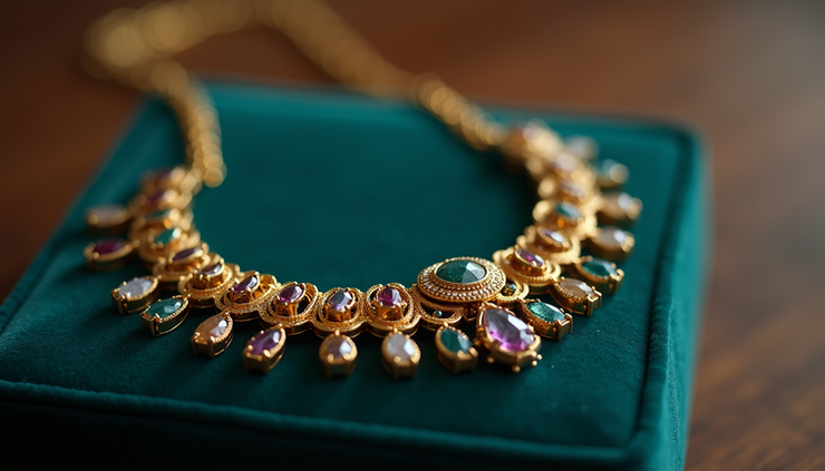 Close-up view of a vintage gold and gemstone necklace displayed on a velvet cushion