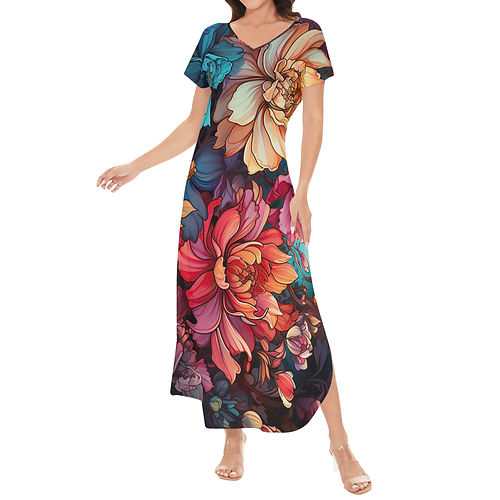 Floral Women's Short Sleeve Long Draped Dress