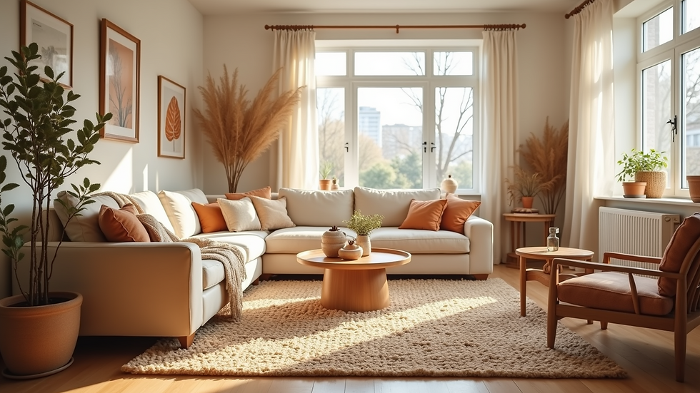 Eye-level view of a clean living room with natural light and plants