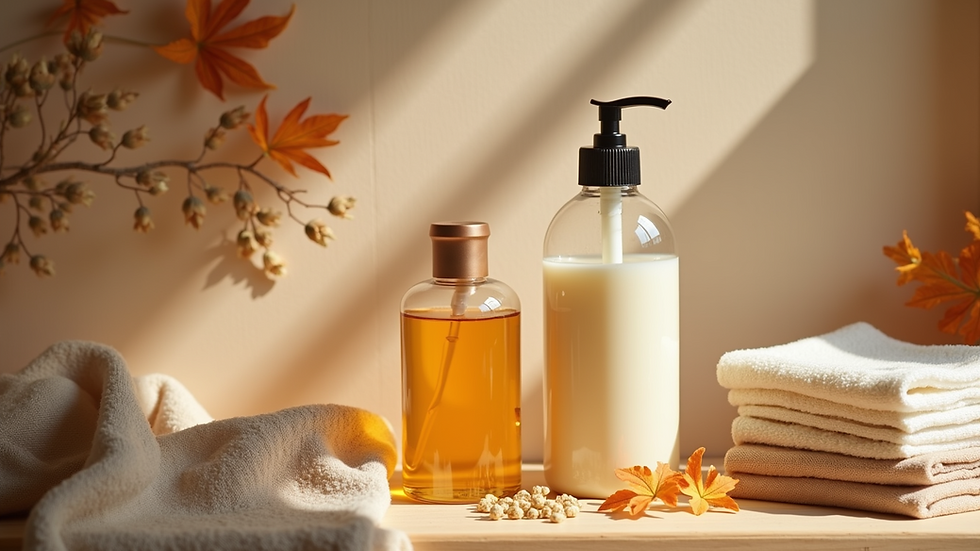 Eye-level view of eco-friendly cleaning products on a wooden shelf