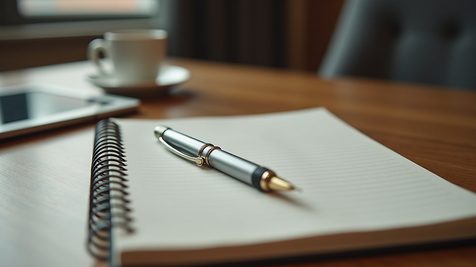 Eye-level view of a journal and pen on a wooden table