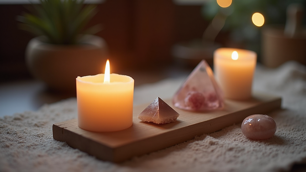Close-up view of a candle and crystals on a meditation altar