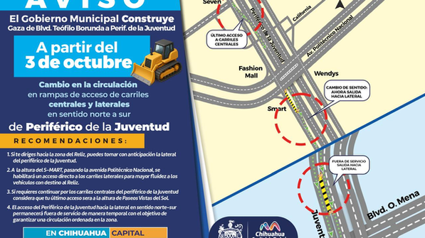 Anuncian cambios de circulación en el Periférico de la Juventud a partir del sábado