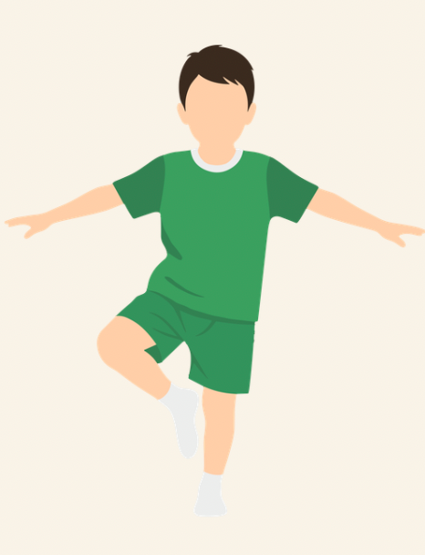 Illustration of a boy in green sportswear balancing on one leg with arms outstretched against a plain light background.