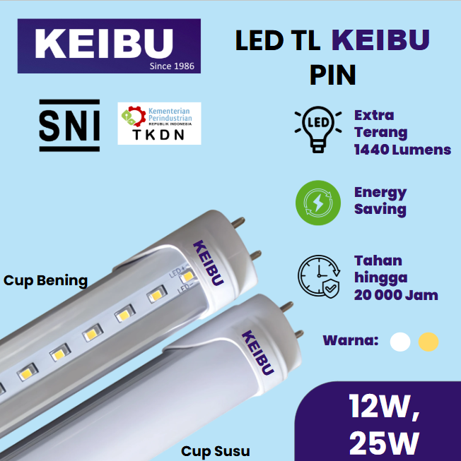 Lampu KEIBU TL T8 (12 Watt) PIN Cahaya Putih & Kuning. Cup Susu & Cup Bening