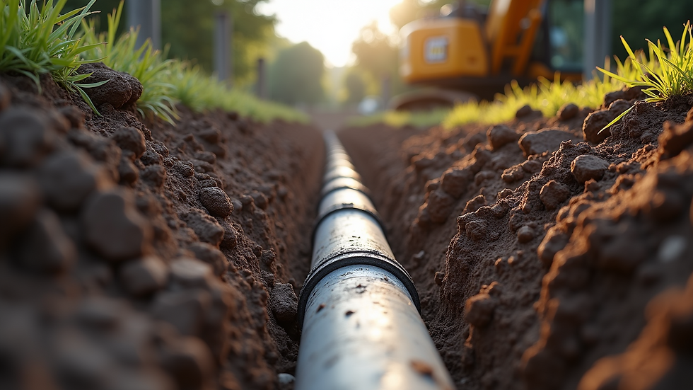 High angle view of trench excavation for sewer pipe replacement
