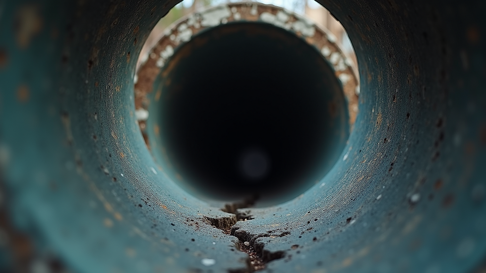 Close-up view of underground sewer pipe with visible cracks