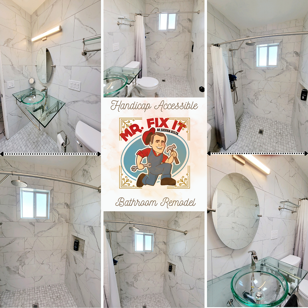 Collage of a handicap-accessible bathroom remodel featuring white marble tiles, a round mirror, glass sink, shower, toilet, and "Mr. Fix It" logo.