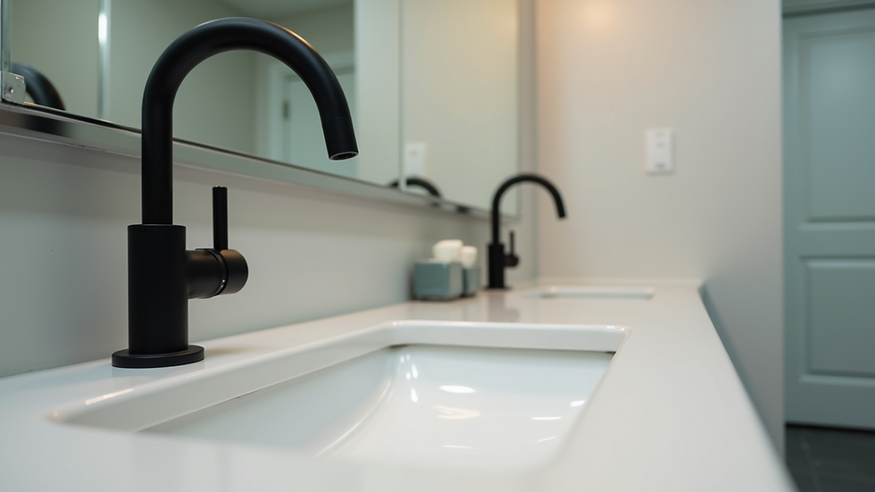 Close-up view of bathroom vanity with matching black fixtures and white countertop