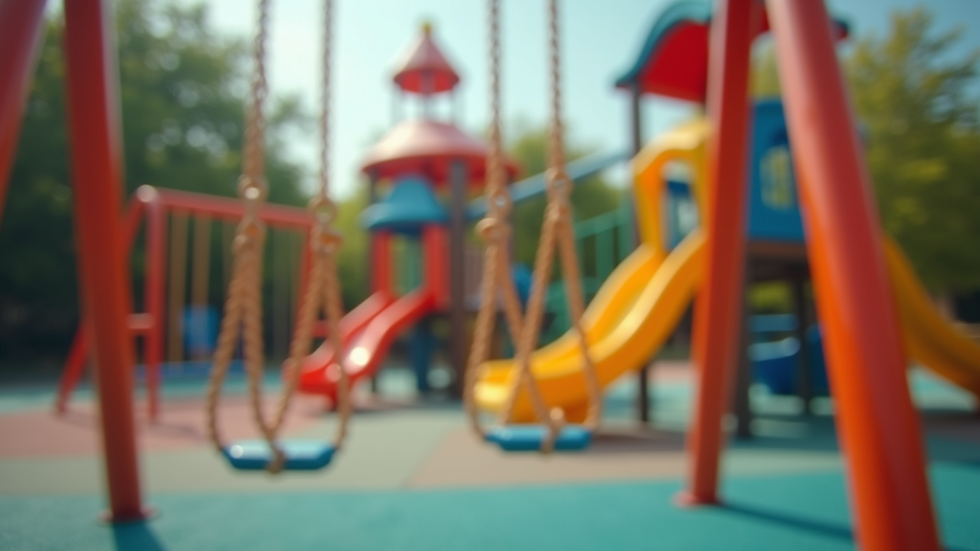 Eye-level view of a colorful playground with swings and slides