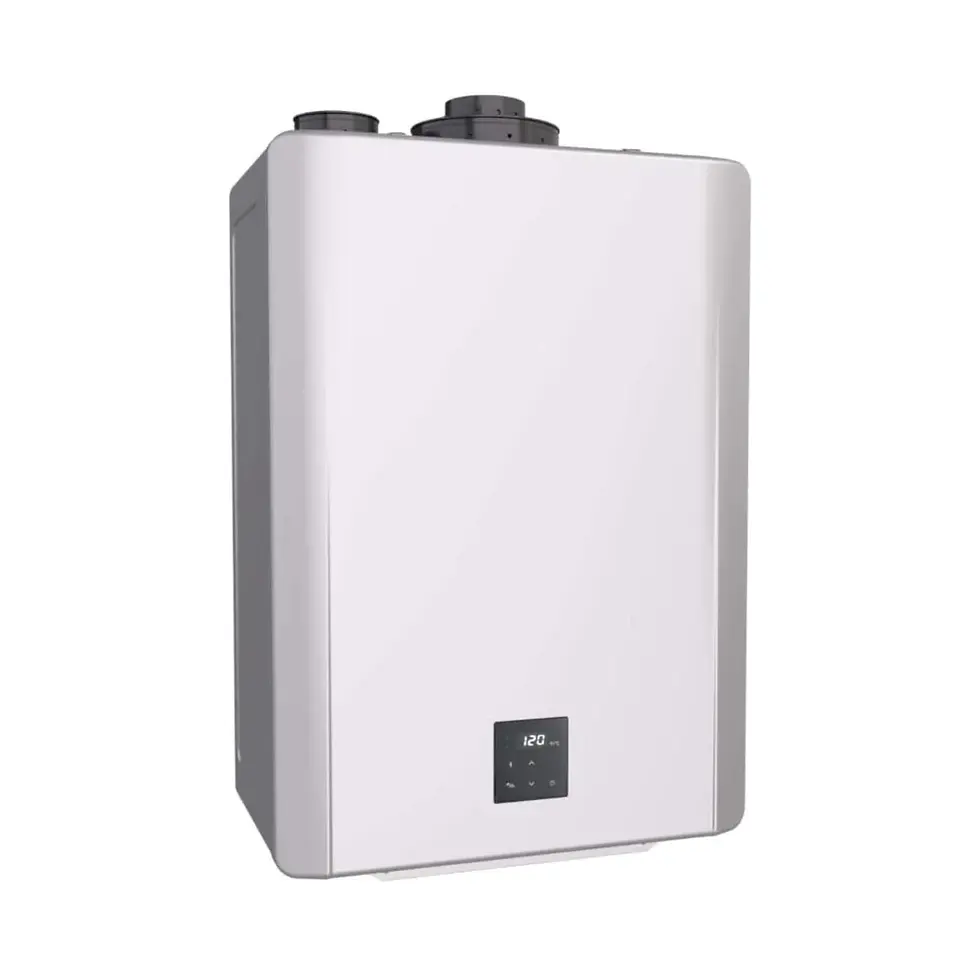 Modern wall-mounted tankless water heater unit
