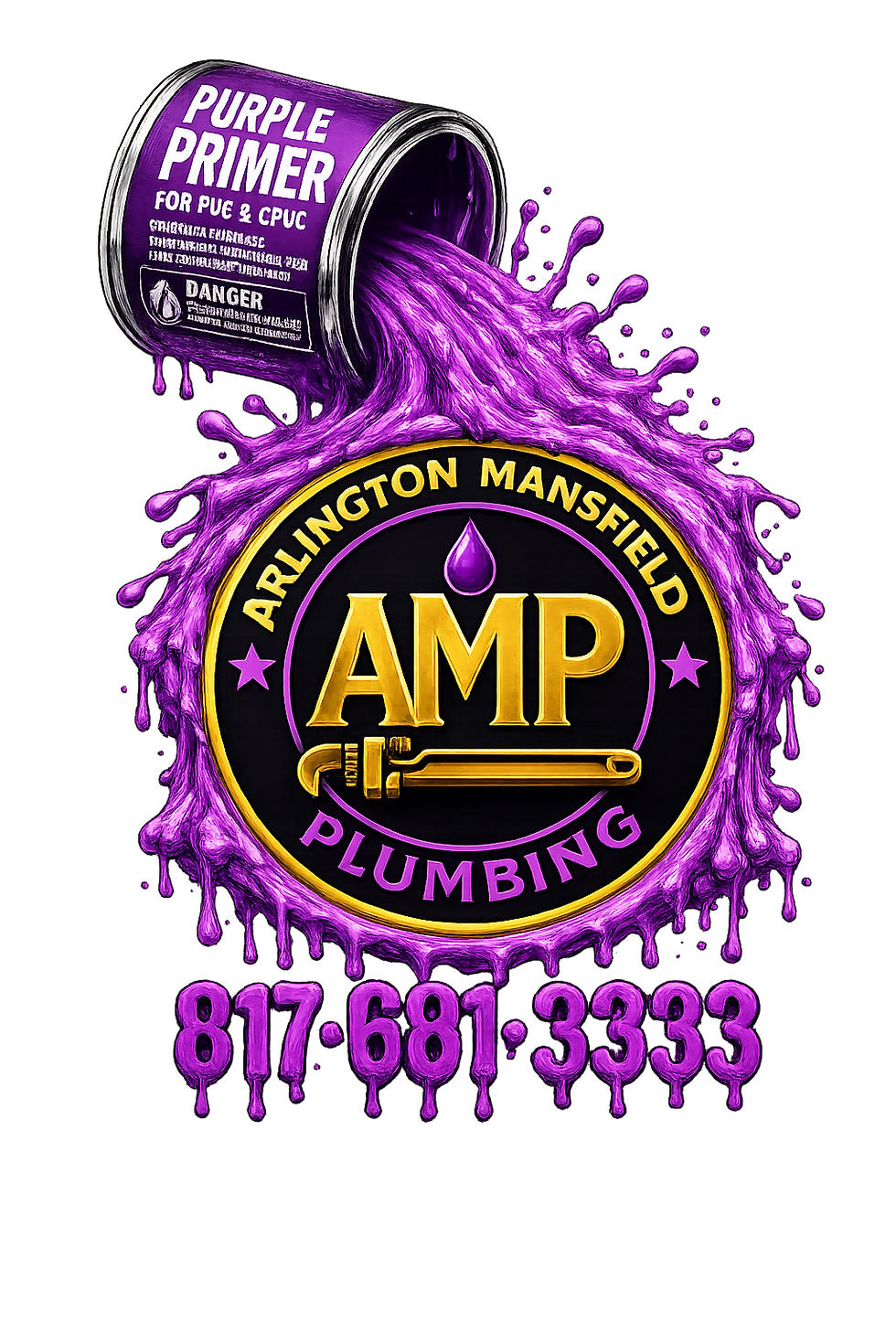 AMP Plumbing logo with purple primer and phone number