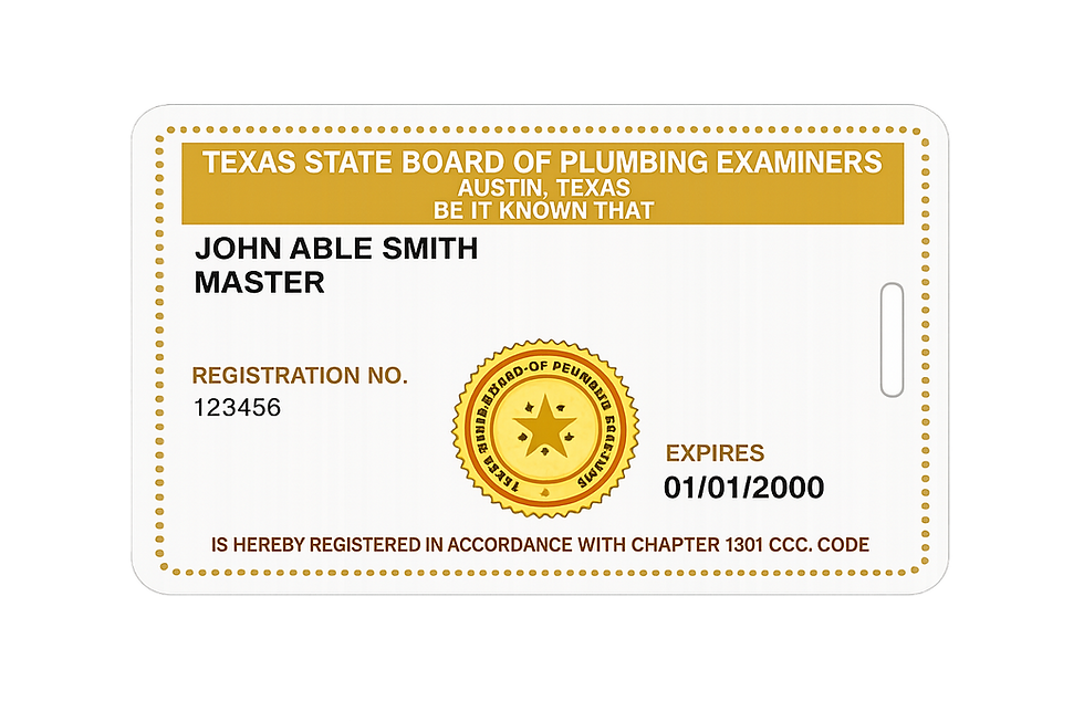 Texas state license for a master licensed plumber.