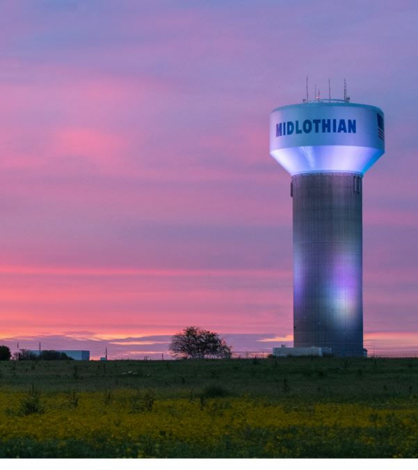 Midlothian water tower at sunset, Plumber Midlothian TX