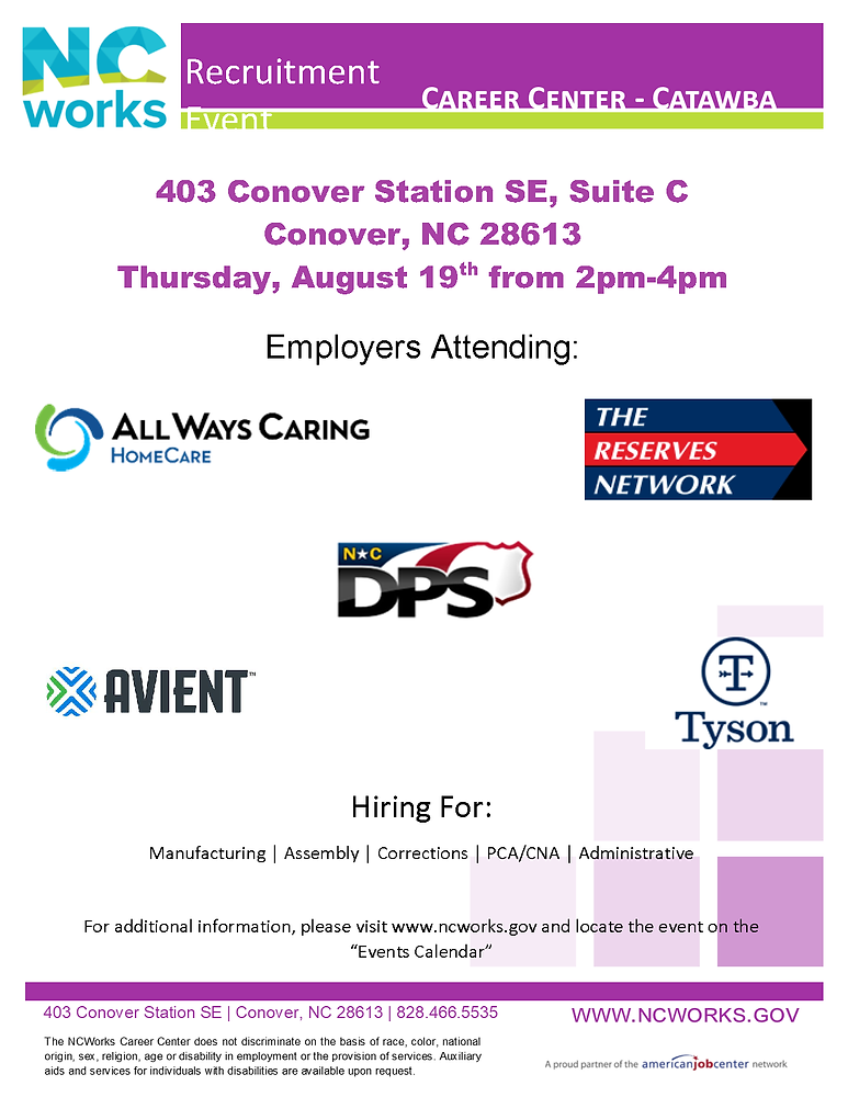 Catawba County Job Fair with Multiple Employers on August 19