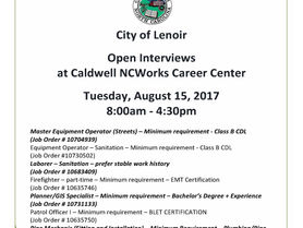 The City of Lenoir will be conducting interviews at NC Works Caldwell Career Planning and Placement 