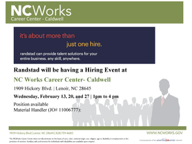 Randstad Recruitment Event at the NCWorks Career Center-Caldwell | Feb. 13, 20 & 27 | 1PM to 4PM