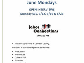 Mondays Throughout June will be Open Interviews for Labor Connections at NCWorks Career Planning &am