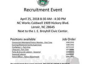 City of Lenoir Employment Recruitment Event April 25, 8:30AM to 4:30PM at the NCWorks Career Center-