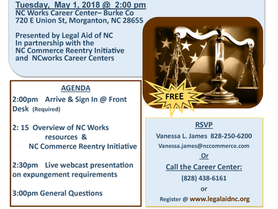 Expungement Clinic at the NCWorks Career Center-Burke on May 1, at 2PM and presented by Legal Aid of
