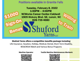 Shuford Yarns LLC Recruitment Event for Positions in Granite Falls, NC