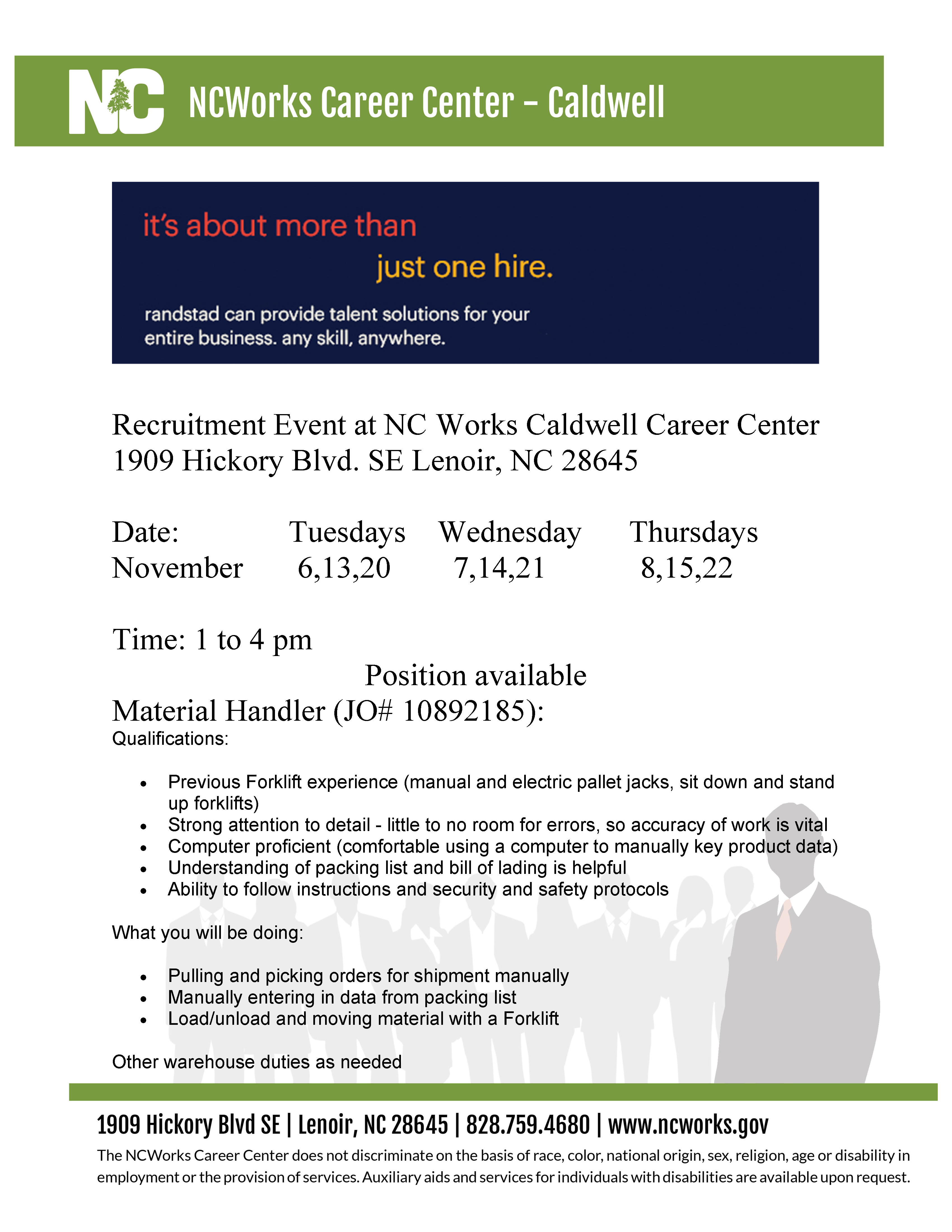 Multiple Recruitment Events for Randstad at the NCWorks Career Center-Caldwell | wpcog