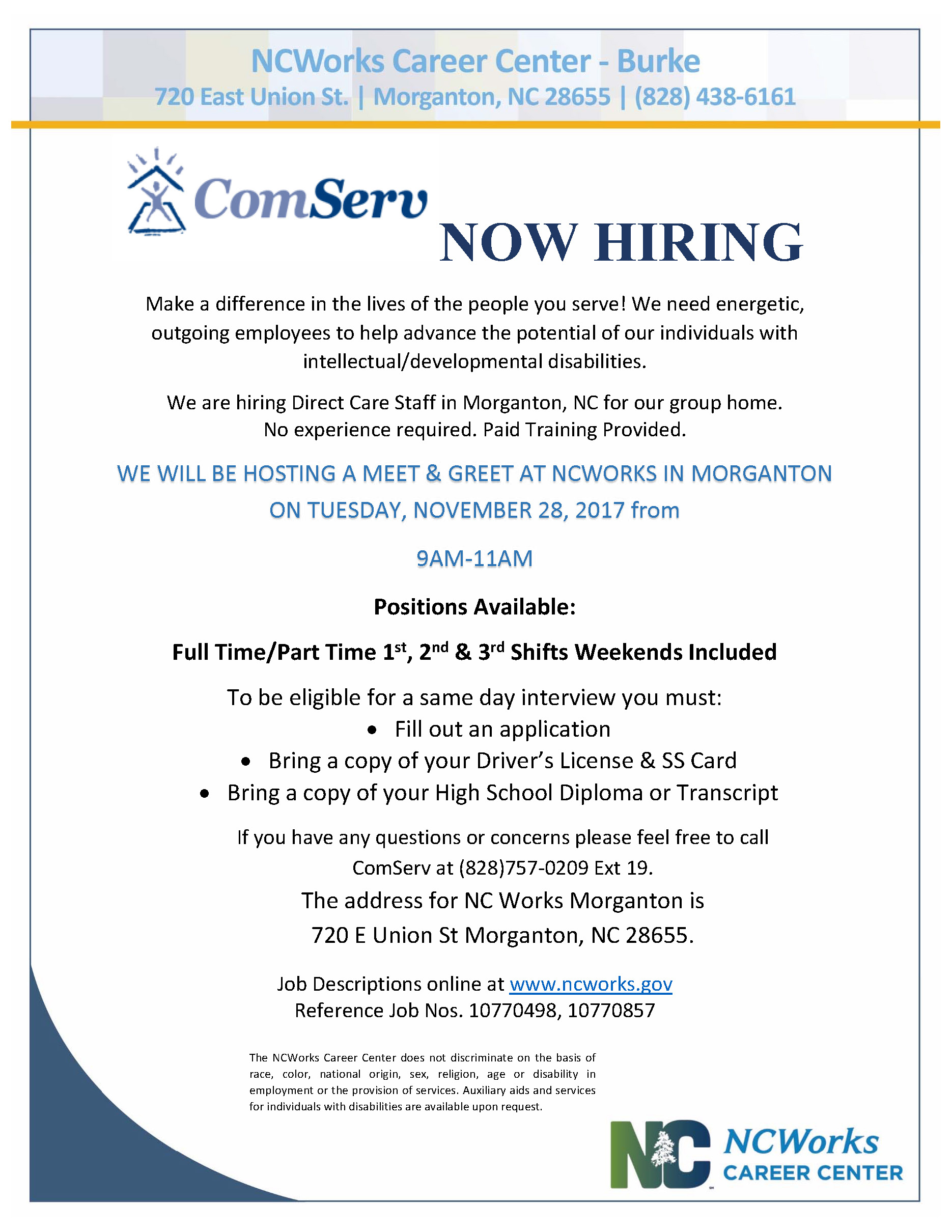 Comserv Now Hiring Meet And Greet At The Ncworks Career Center