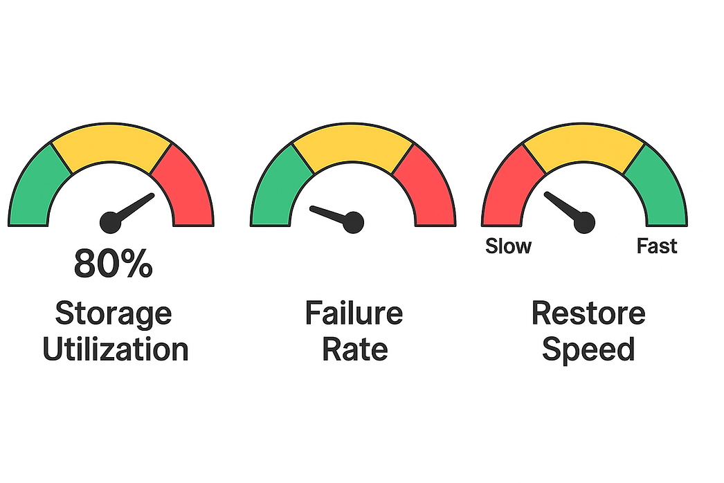 3 dials showing the indicative performance of the storage metrics