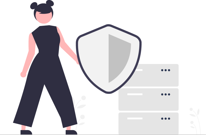 An image of a illustrated person in front of a shielded server