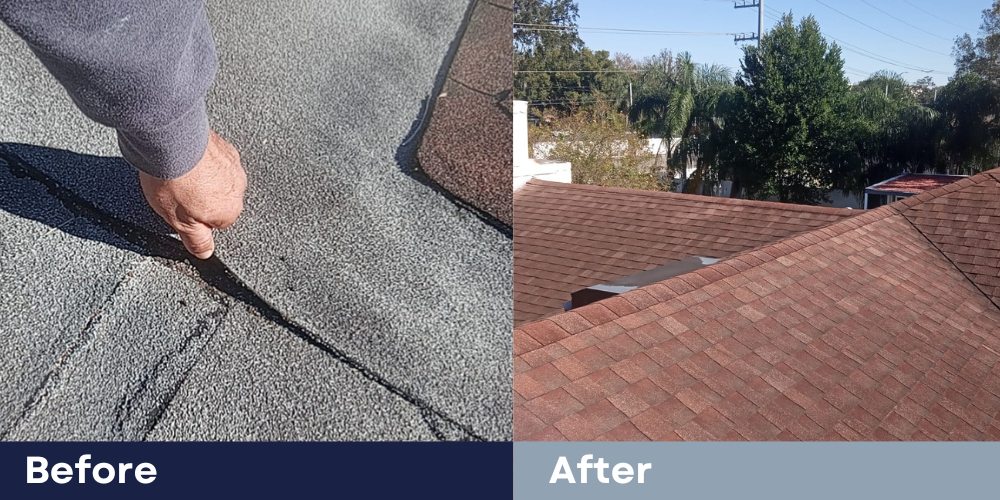 Roof remodeling, before and after comparison