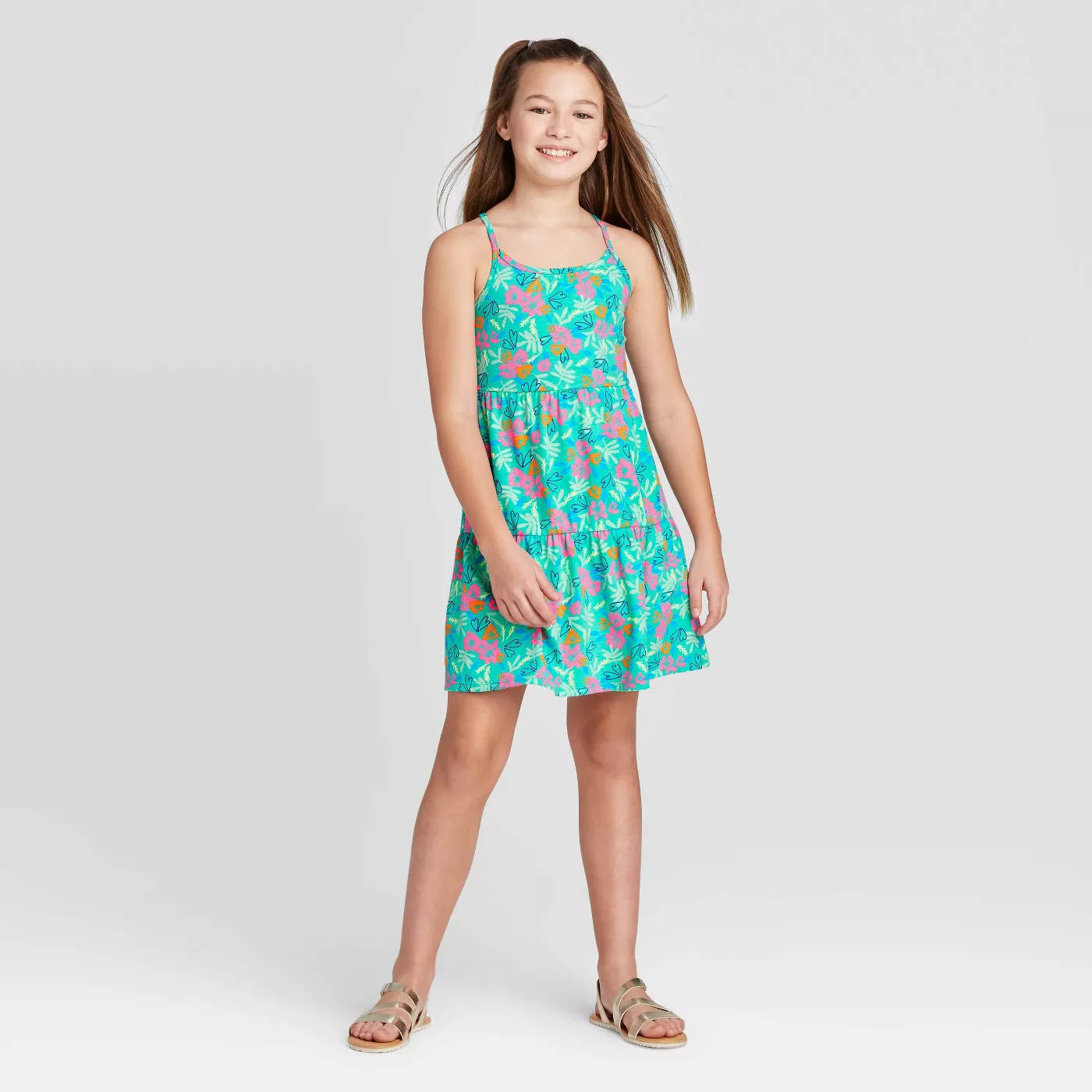 Girls' Floral Print Knit Dress - Cat & Jack Teal T
