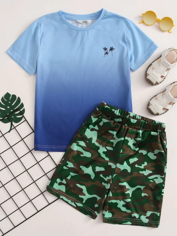 Thumbnail: Boys Tropical Print Ombre Top & Camo Shorts Set SH