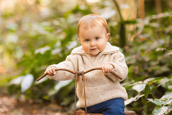 Baby girl in a knit cardigan on a vintage tricycle in the garden at her first birthday photos session in Brisbane