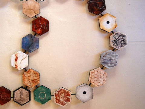 The Waggle Dance, encaustic, image transfer and oil stick on wood, detail, Erica Konrad.