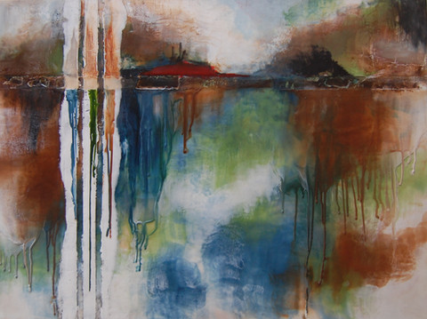Wetland Monologue, 24h x 32w, encaustic and oil stick on wood, Erica Konrad.